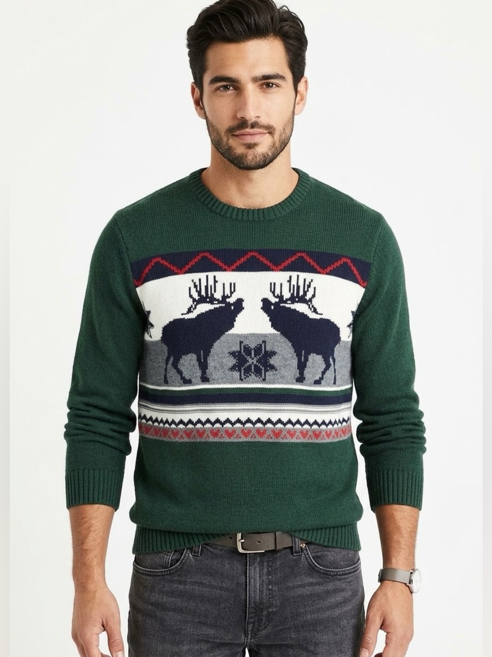 Vintage Dockers Forest Green Moose Fair Isle Knit Sweater Rustic Cabincore Cozy